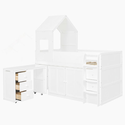 Twin Size Wooden Loft Bed With Desk, Drawers,Cabinets,White