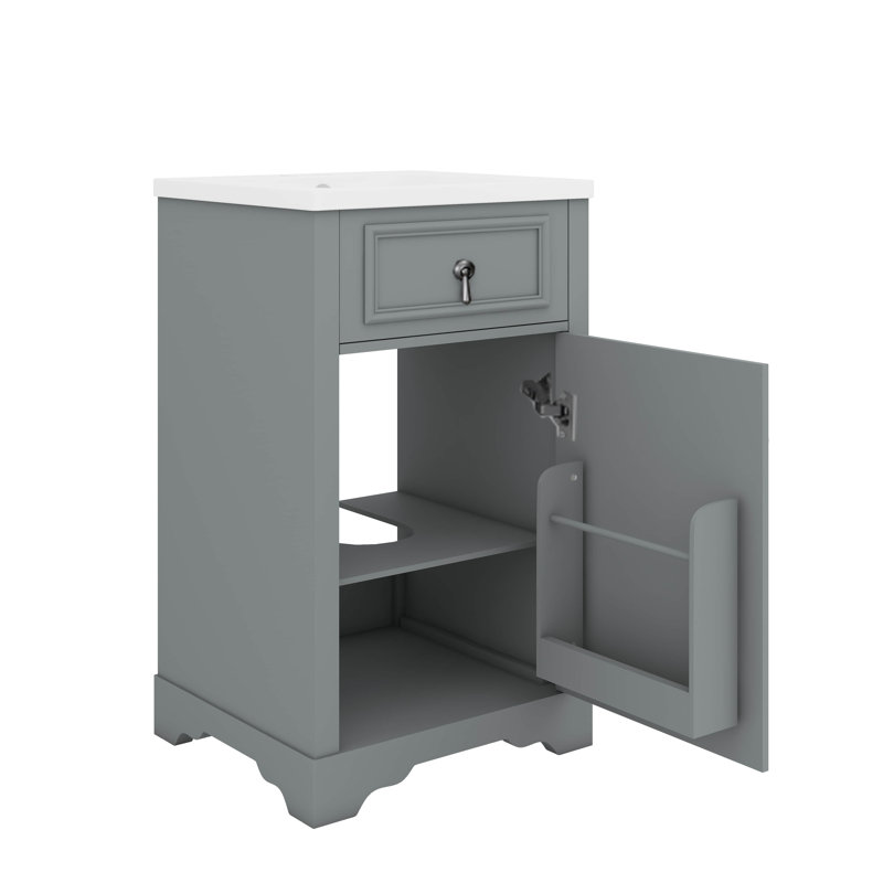 Meuble-lavabo de 20 pouces avec lavabo en céramique, porte à fermeture douce, tablette réglable et support de rangement fixé à la porte