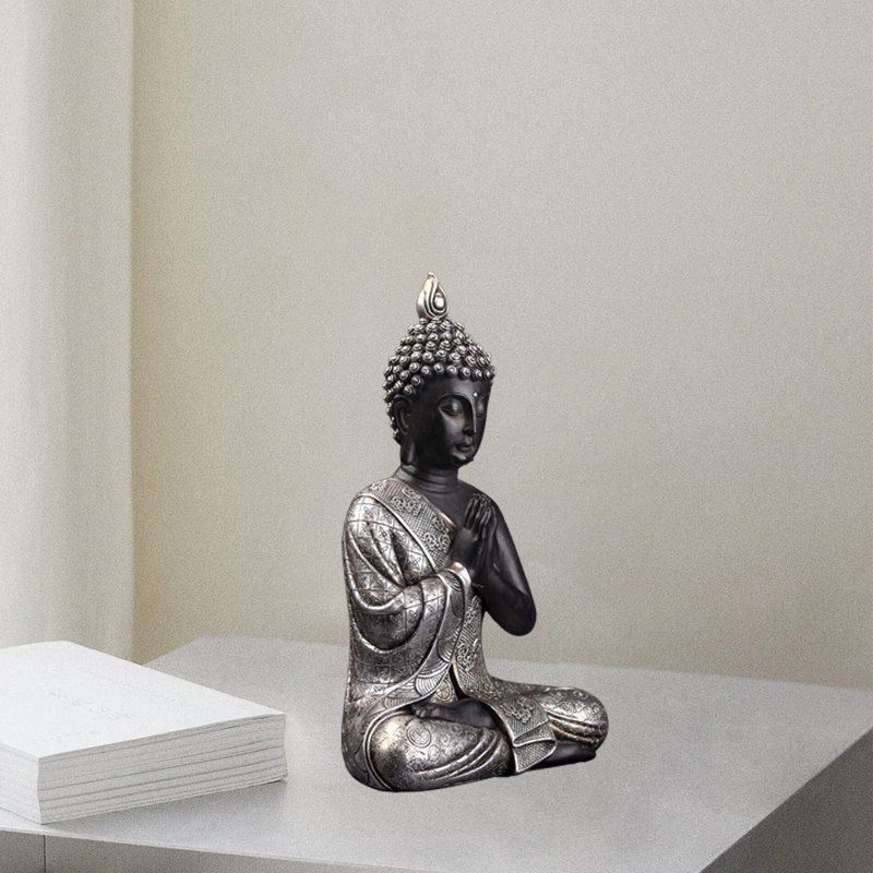 Statue de Bouddha pour la décoration intérieure, H 9,5 po x l 6 po x P 4 po, Noir / argent