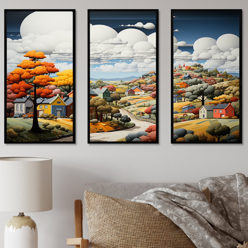 De Stijl Style County Side I - ensemble d'art sur toile campagne, Cadre flottant noir, H 28 po x l 36 po x P 1 po