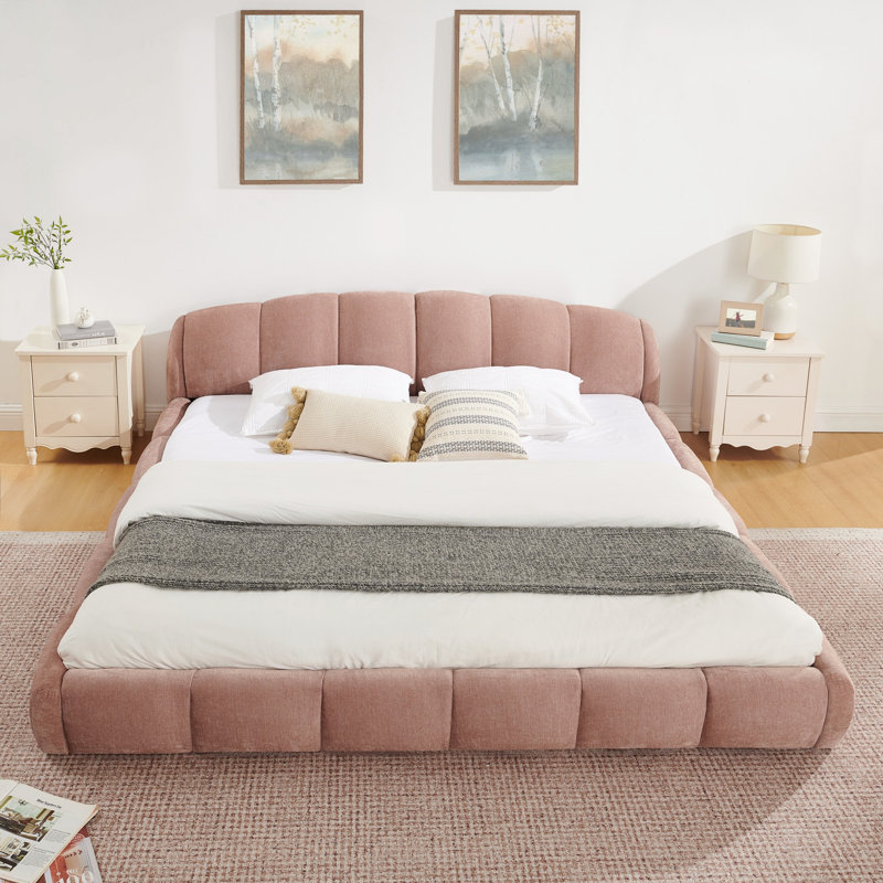 Structure de lit plateforme tapissier avec tête de lit épaisse incurvée, lit de plancher pour la chambre à coucher, Rose