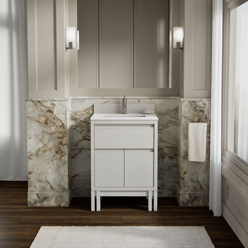 Solive Bathroom Vanity Cabinet With Sink And Quartz Top, White, 24"