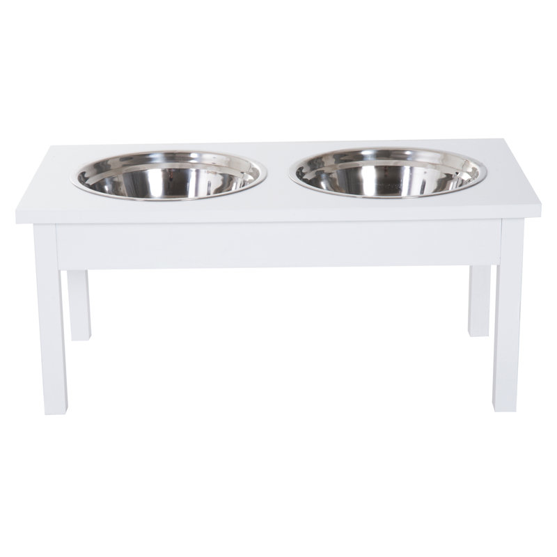 White Elevated Wooden Pet Feeding Station with Stainless Steel Bowls