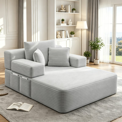Oversized Corduroy Convertible Sofa Bed, 2‑in‑1 Chaise Lounge with Spring Cushion, Wide Armrests & Side Storage Pocket, No Assembly,Gery