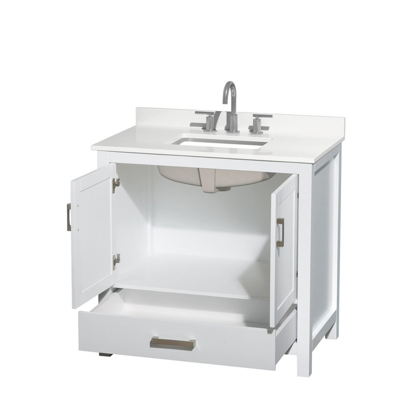 Ensemble de meuble-lavabo simple 36 po avec plateau en quartz Sheffield, Quartz blanc, Blanc, Chrome
