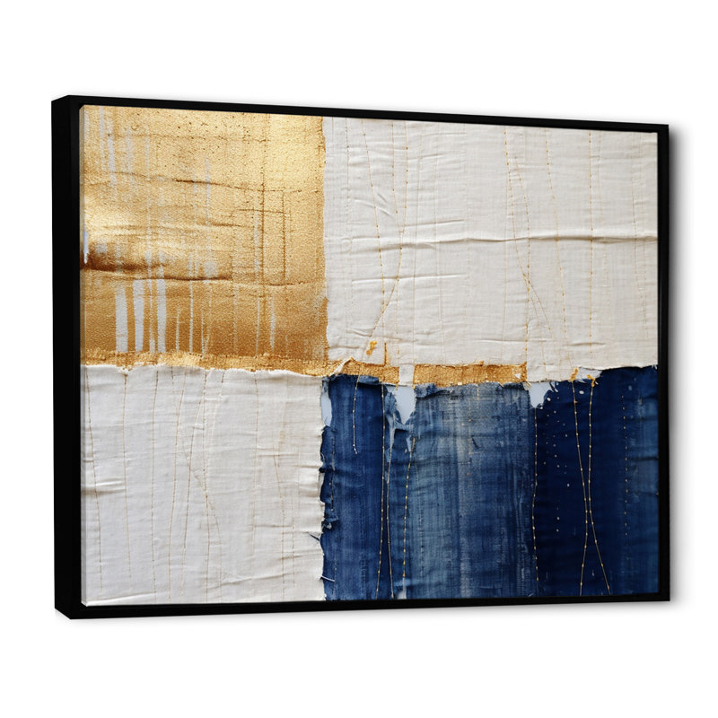 A Touch of Gold and Kings Blue - peinture abstraite, art mural, H 16 po x l 32 po x P 1 po, Cadre flottant noir