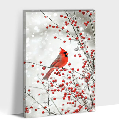 Large Cardinal Bird Christmas Canvas Wall Art Winter Snowy Berry Branch Picture Prints – Decorative Painting Poster for Living Room Bedroom Office Holiday Wall Artwork, 20×30 Inches