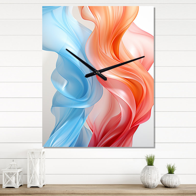 Horloge murale contemporaine à vagues abstraites orange et bleu I, Grand