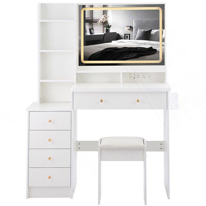 Ensemble de grande coiffeuse de 41 pouces avec miroir à DEL, centrale électrique et tabouret rembourré pour une routine beauté améliorée