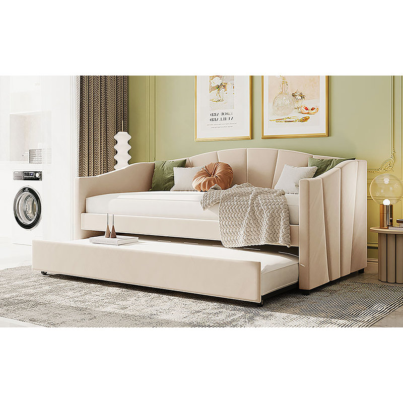 Upholstered Daybed Sofa Bed Twin Size With Trundle And Wood Slat, Beige