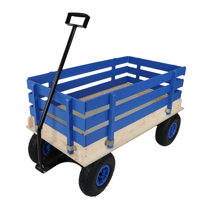 Wooden Stake Side Garden Wagon - 176lbs Capacity Steel Utility Cart With Foldable Handle & Pneumatic Tires For Kids, Yard Work, Toy Storage & Outdoor Adventures