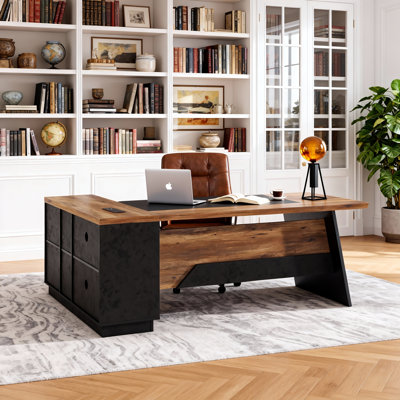 L-Shaped Executive Desk with Sliding Cabinet Doors, Power Outlet Panel and Front Apron, File Storage Shelves, Modern Large Computer Desk for Home Office