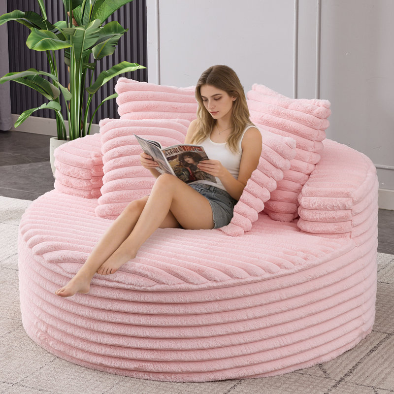 54.3" Pink Oversized Round Chaise Lounge, Compression Corduroy Cloud Sofa Chair, Fluffy Deep Seat Circle Sleeper Sofa Bed, No Assembly Required, Modern Indoor Upholstered Furniture for Relaxing & Reading