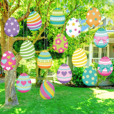 16 pièces décorations de Pâques en plein air, œufs de Pâques suspendus, grands panneaux colorés en forme d'œuf, tranches de plastique à double face, décorations pour la véranda