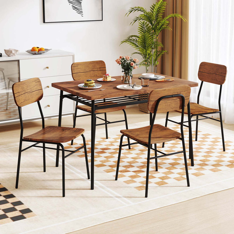 5 PCS Wood Square Kitchen Table & Chair Set with Metal Frame Storage Rack