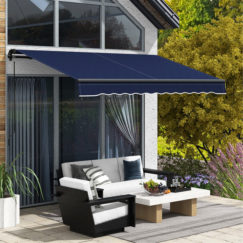 10' X 8' Retractable Awning, Patio Sunshade With Manual Adjustment. 280Gsm Protected Fabric, Aluminum Framework. Blue For Deck, Balcony, Yard Awning Retractable, Adjustability. Structure.