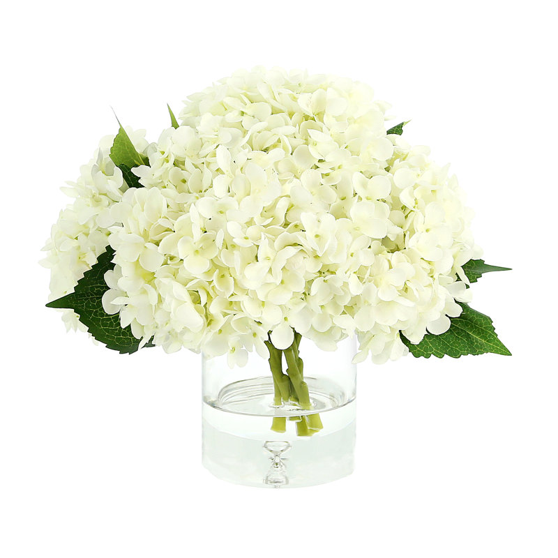 Hortensias dans un vase en verre, Blanc, 13 po x 12 po 