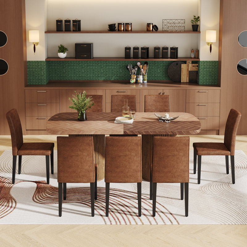 Large Farmhouse Kitchen Dinning Table Set Double Robust Pedestal, Brown, Brown Wood/Natural Wood, 9 Pieces: Table, 8 Chairs