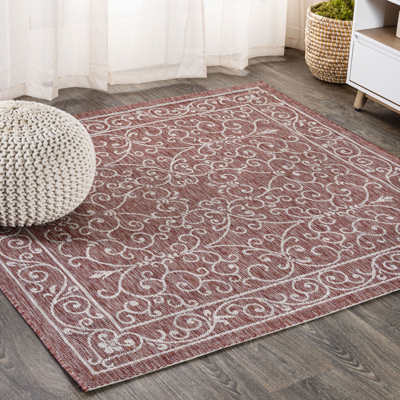Hagerman Vintage Filigree Textured Weave Red/Beige Indoor/Outdoor Rug, Square 7'9"