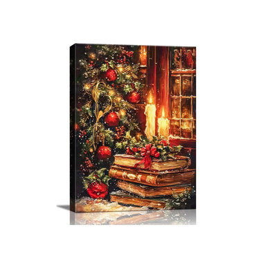 Reproduction d'art sur toile encadrée rétro de Noël, bibliothèque rustique Moody