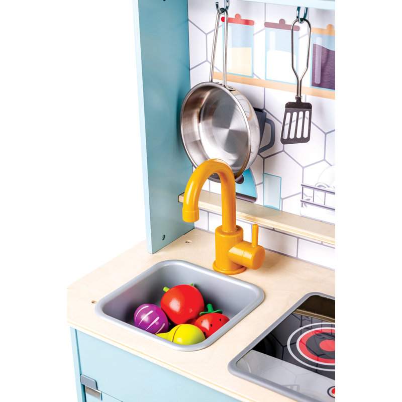Hape: Ensemble de cuisine léger et sonore - Turquoise - Ensemble de cuisson en bois, micro-ondes, cuisinière, évier, poêle en métal et spatule, enfants de 3 ans et plus