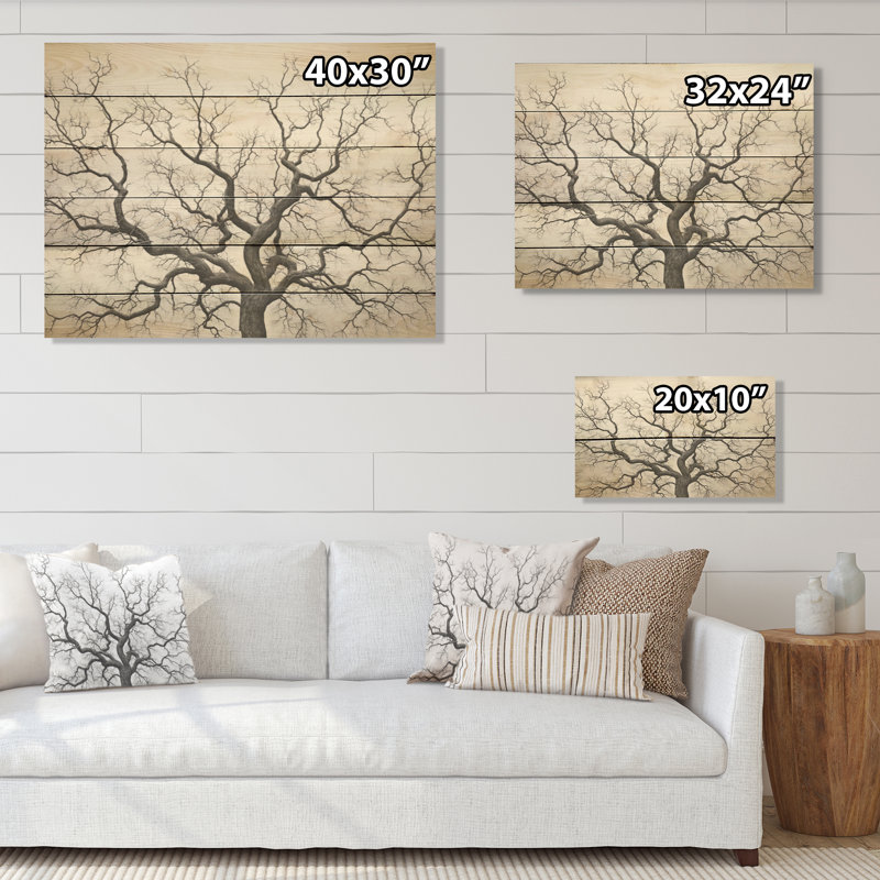 Minimalism Black And White Trees Oak I - Tree Oak Wood Art On Natural Pine Wood, 30" H x 40" W