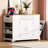 Fluted Kitchen Island with Hidden Trash Can Cabinet – Rolling Cart on 5 Wheels with Power Outlet, 3 Drawers, 3 Open Side Racks for 10 Gallon Garbage Bin, White & Natural Rubber Wood-1086613907