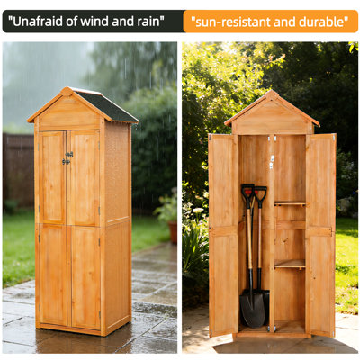 Rangement de jardin extérieur en bois - Remise imperméable brun doré avec dispositif verrouillable pour patio. Concevez n'importe quel temps. Installation rapide, sert de ravitaillement de piscine ou de remise à outils pour la pelouse. 27,17 po de profondeur, poids de 71,79 lb