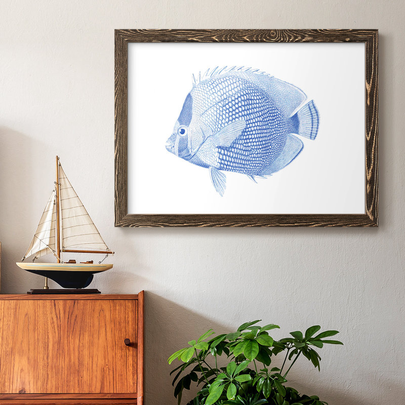 «Blue & White Tropical Fish VI», reproduction d'art sur toile, Cadre noyer, H 18 po x l 26 po x P 1,5 po