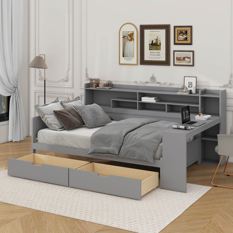 Wooden Daybed With Storage Shelves, Multi-Functional Bed With Two Storage Drawers And Study Desk, Full/Double