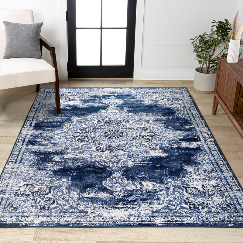 Tapis bleu marine / ivoire Pruden, Rectangulaire 3 pi x 5 pi