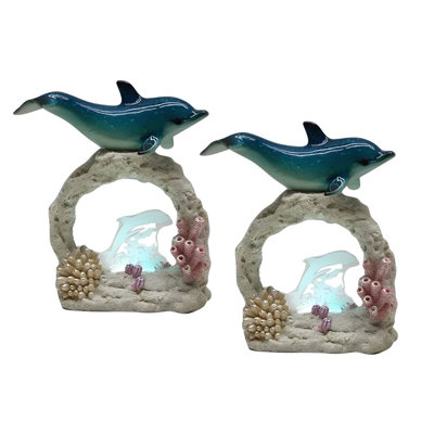 "2-PC Set" ICE ARMOR 6.5"H LED Dolphin on Coral Figurine Figurine Statue Ornament Home/Room Decor and Perfect Gift Ideas for House Warming, Holidays and Birthdays Great Collectible Addition