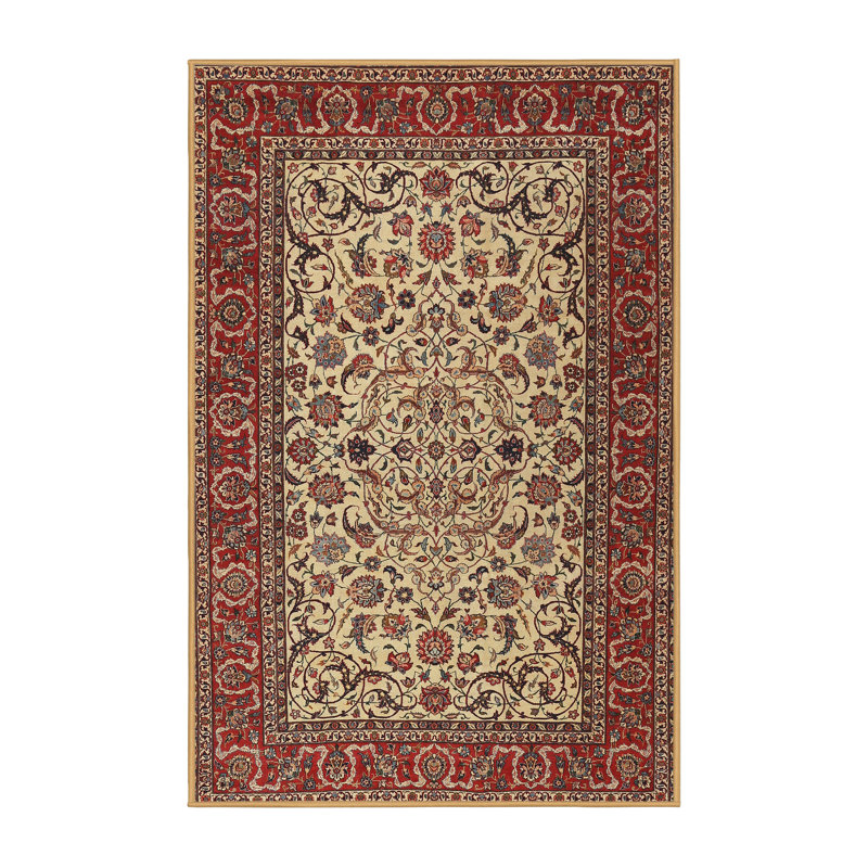Tapis traditionnel rouge / crème / brun clair Hildebran, Rectangle 3 pi x 5 pi
