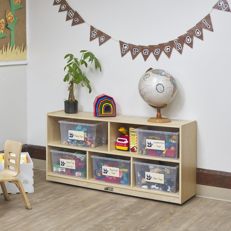 Natural Birch 5-Compartment Mobile Storage Cabinet with Casters
