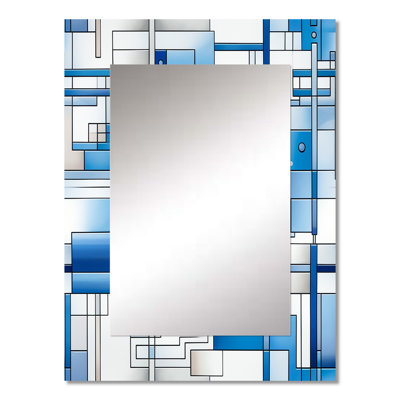 Vintage White An Blue Rectangles Stripes - Geometric  Mirror, Modern Decorative Wall Mirror, Printed Metal Art
