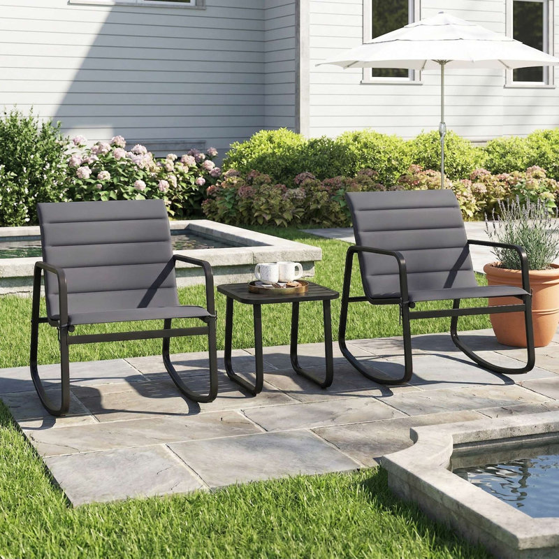 3-Piece All-Weather Outdoor Rocking Bistro Set, 2 Smooth Glide Porch Rocker Chairs With Padded Seats, 1 Scratch-Resistant Tempered Glass Side Table