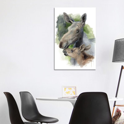 Mother And Baby Moose by Watercolor Luv - Wrapped Canvas Painting