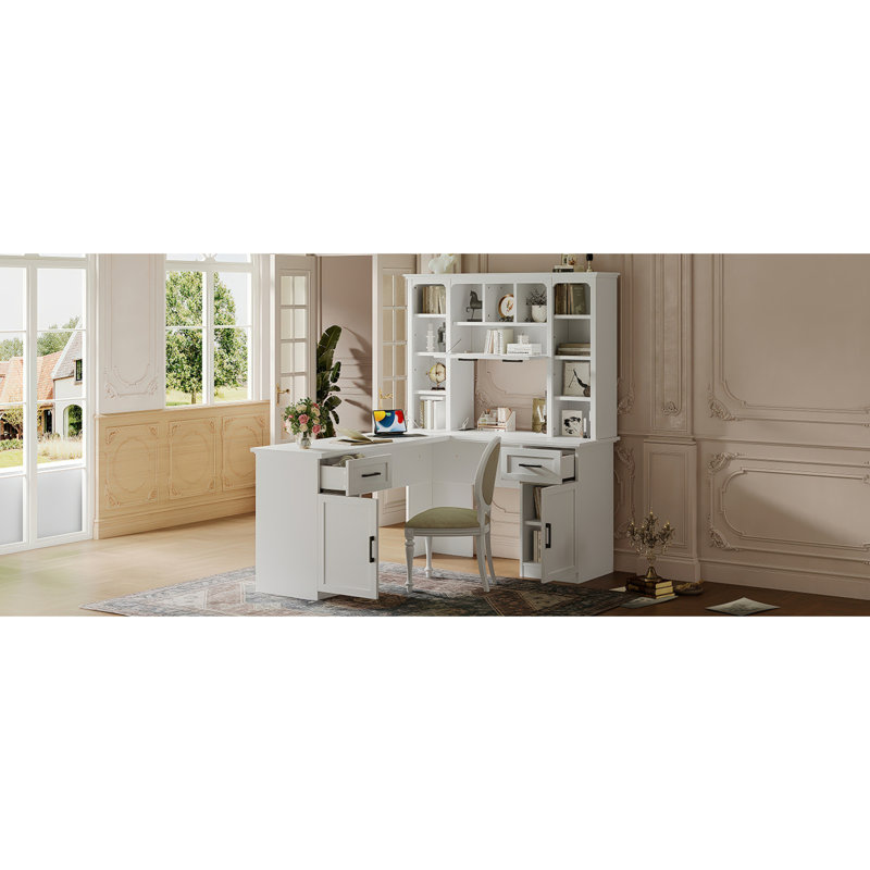 Bureau d'ordinateur en L avec 2 armoires et 2 tiroirs, 11 tablettes ouvertes et 1 tablette à droite rabattable avec rangement, avec prise de courant