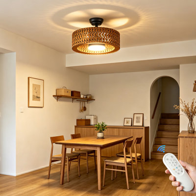 Brown Wavy Cutout Wood Caged Ceiling Fan Light With Remote 19.68 Inch