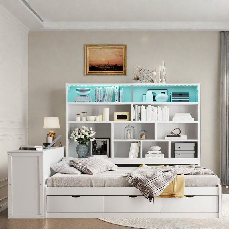 Wooden Daybed With 3 Drawers, Desk, Open Shelves, Lights And Charging Station, White