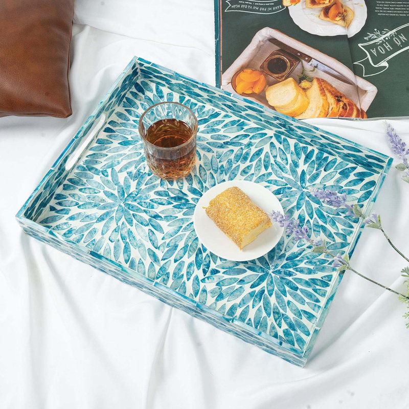Serving Tray 15.7" X11.8", Lacquer Mother Of Pearl Inlay Mosaic Tray, Rectangle Wooden Marble Tray With Handles Trays For Tea, Breakfast In Bed, Table (Flower Style)