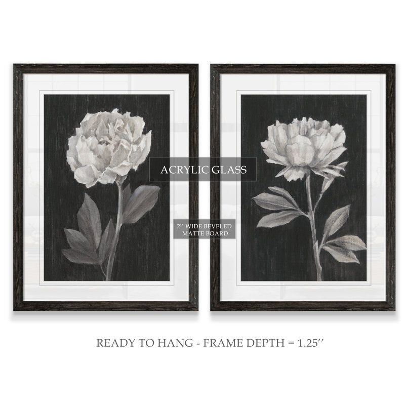 «Black and White Flowers III», ensemble de 2 reproductions d'art encadrées, H 20 po x l 32 po, Ébène