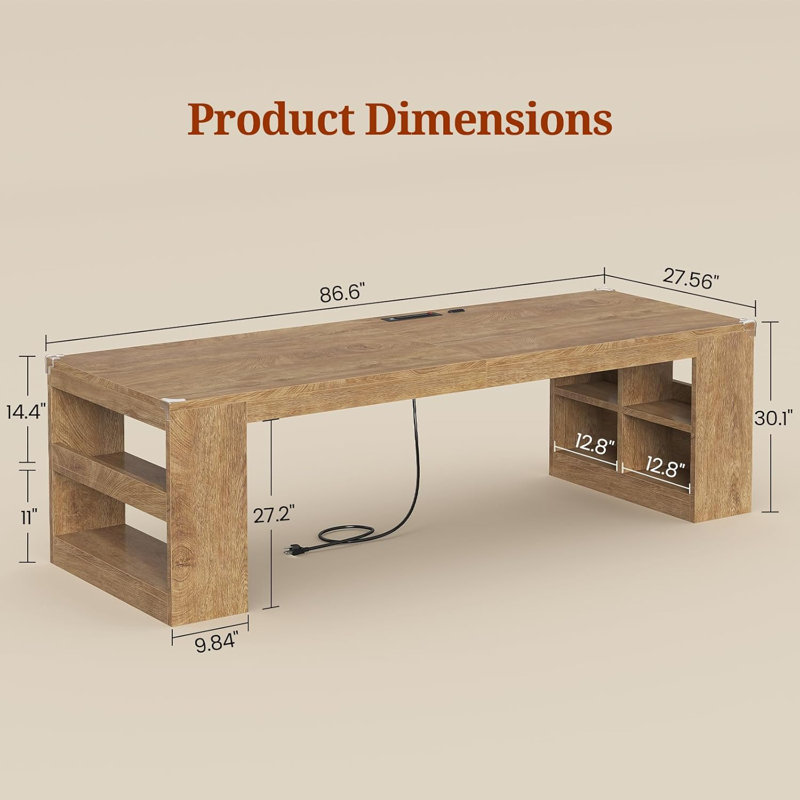 Bureau pour 2 personnes, bureau d'ordinateur 86,6 po avec tablettes de rangement, chêne