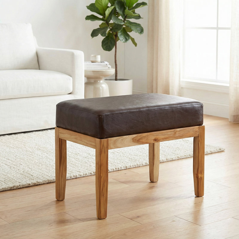 Banc Layan 100% cuir véritable et teck, brun