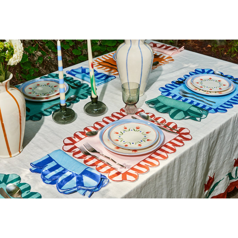 Jardin Embroidered Linen Scalloped Stripe Napkins, Blue
