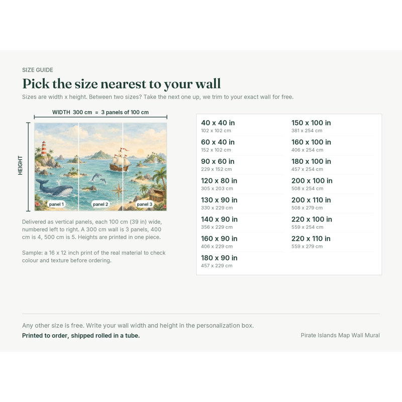 Pirate Islands Map Wallpaper Mural, Peel and Stick Kids Room Wall Mural, Watercolor Nursery Wallpaper Made to Measure
