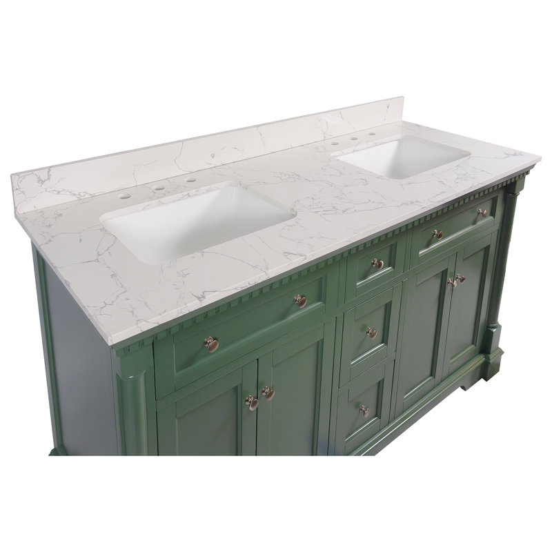 Fossen 60" Double Bathroom Vanity Set with Sage Green Cabinet and Engineered Marble Countertop, Sage Green, Engineered Marble
