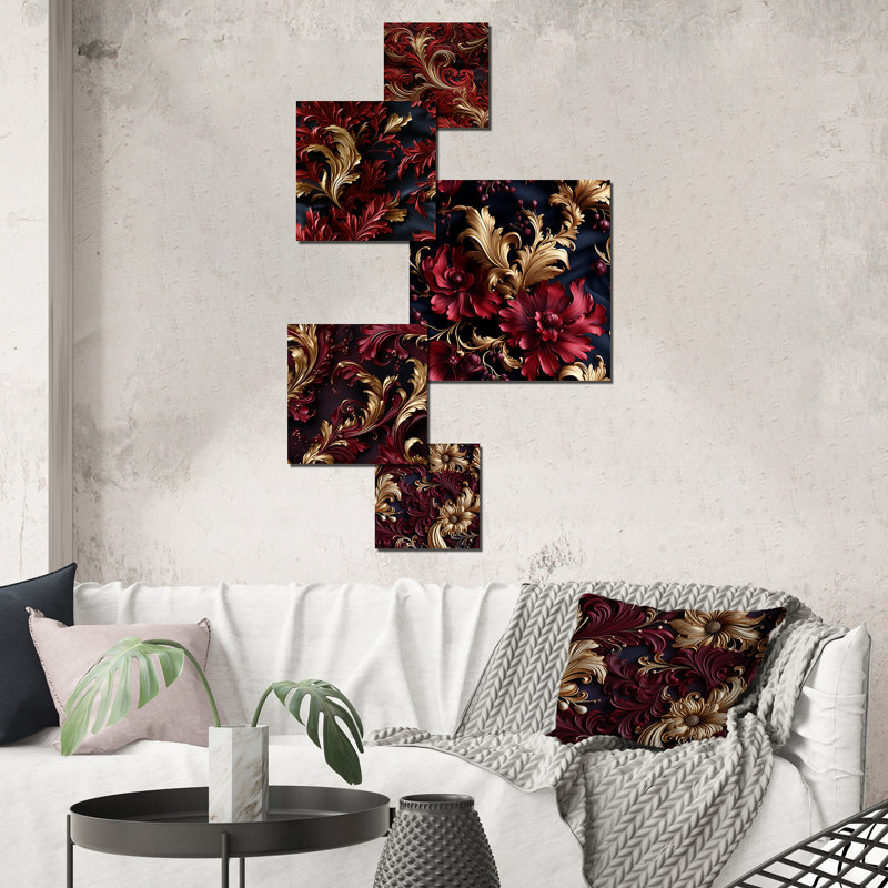 Opulent Red and Gold Baroque Damask Metal Wall Art Set