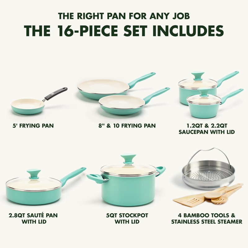 GreenPan Rio Healthy Ceramic Nonstick 16 Piece Cookware Set, Turquoise