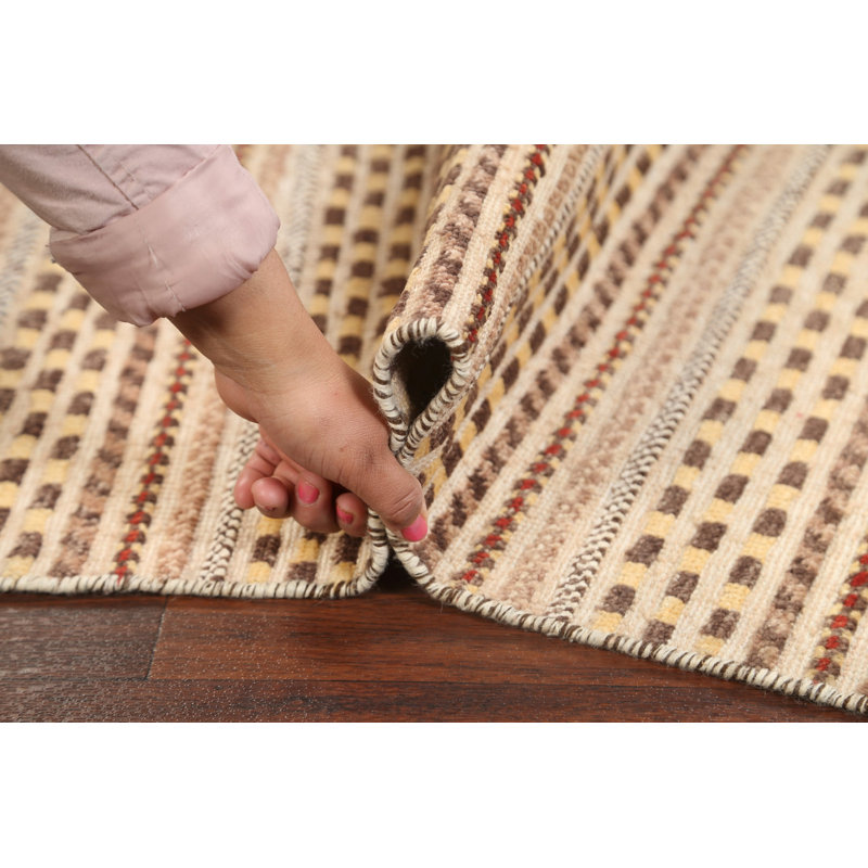 Tapis beige noué à la main de conception unique 2 pi 10 po x 4 pi 0 po